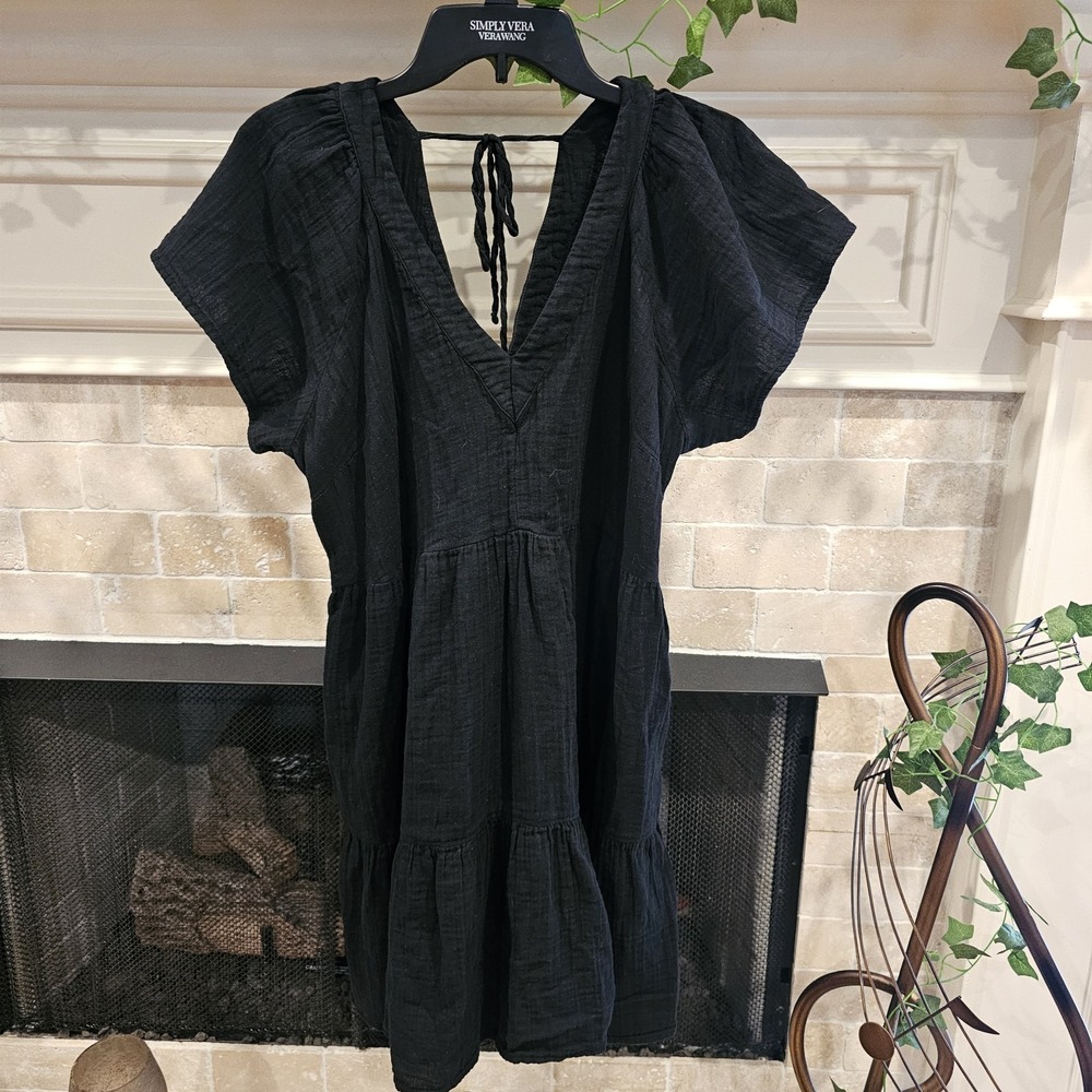 Old Navy Womens Demi Swing Dress Black Cotton Tiered Mini XL double v neck